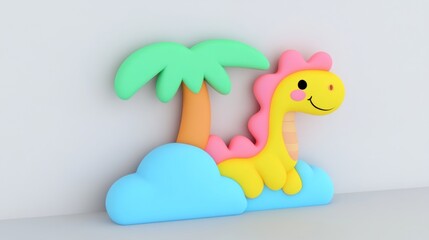 Wall Mural - Cute cartoon dinosaur sits on clouds with a palm tree. 3D rendering of a friendly dinosaur character, perfect for children's room decor.