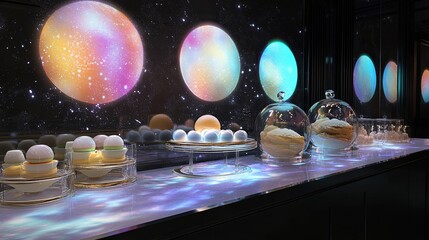Wall Mural - a holographic dessert bar displaying customizable mousse-filled spheres.
