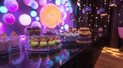 Wall Mural - a holographic dessert bar displaying customizable mousse-filled spheres.