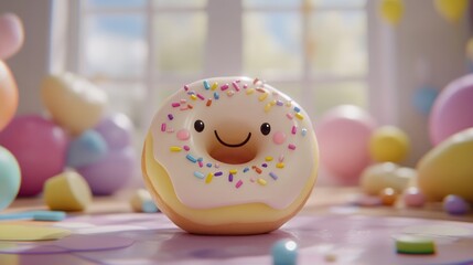 Poster - Cute cartoon donut with a happy face, surrounded by colorful balloons and sprinkles, on a pastel surface.