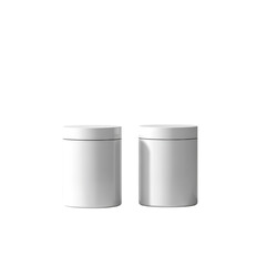 Poster - A minimalist product shot showcasing two blank white cylindrical containers on a white platform against a white background.