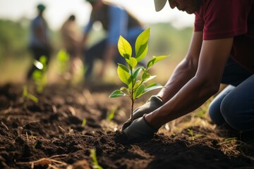 Wall Mural - Close up of hands planting a young tree in fertile soil with other volunteers working in the background