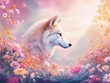 © suchetpong - Captivating artwork of a wolf with vibrant flowers and swirling leaves on a colorful watercolor backdrop, flower arrangement, backdrop, vibrant, colorful