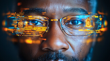 Wall Mural - Digital Visionary: Close-up portrait of a man wearing glasses with superimposed futuristic digital interfaces.