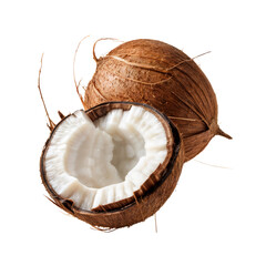 Fresh Coconut Halves: A whole coconut and a halved coconut showcasing the creamy white flesh inside, perfect for tropical themes and healthy eating concepts.