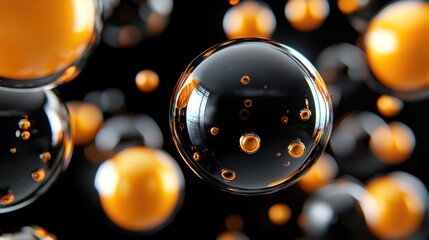 Canvas Print - abstract composition of floating transparent and amber spheres against a dark background