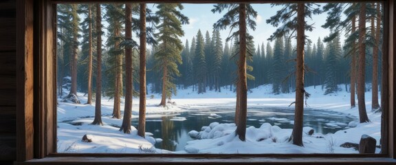 Wall Mural - A cabin window with a view of the snowy pine forest and frozen lake, frosty, serene, snow-covered branches