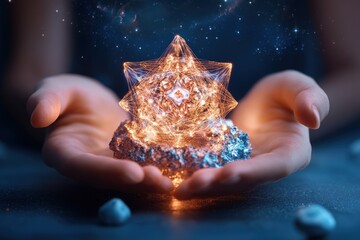 Wall Mural - enchanting star-shaped crystal in hands: a beautiful glimpse into the mystical world of light and sp