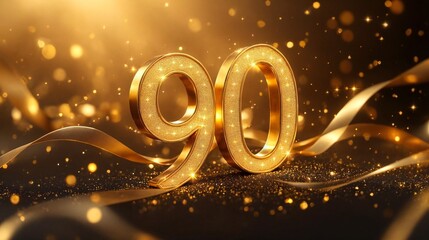 Wall Mural - Happy 90th birthday gold greeting background. 3D Rendering