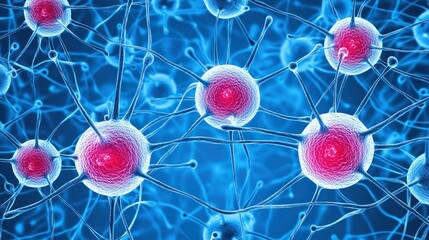 Wall Mural - intricate neural network: microscopic view of interconnected neurons and synapses glowing blue and r