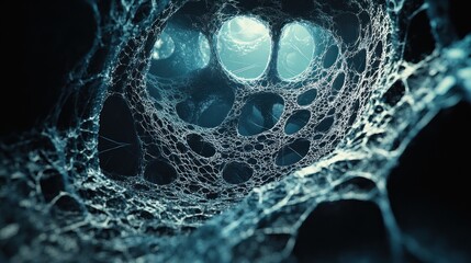 Wall Mural - glowing web in a dark cavern: an abstract digital art piece