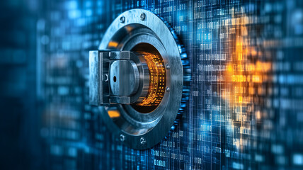 digital vault: a close-up shot of a futuristic digital vault door with intricate circuitry, highligh