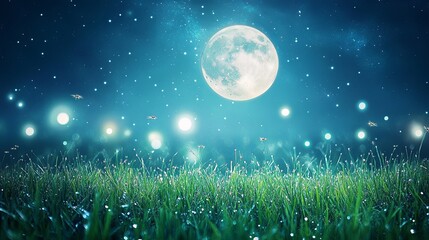 Wall Mural - a magical moonlit clearing with sparkling dew on grass and glowing fireflies.