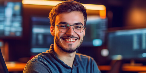 Description: A cheerful young man with glasses and a beard smiling in a modern office setting, surrounded by computer monitors and warm lighting, conveying professionalism and friendliness.