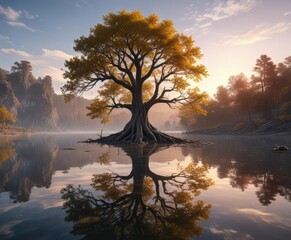 Wall Mural - A majestic tree rises from the surface of a serene lake, its branches stretching out across the water and its trunk rooted deep in the earth, serene, reflection, atmosphere