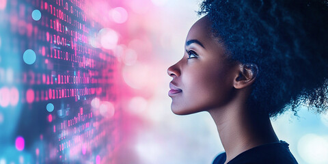 A young woman gazing thoughtfully at a futuristic digital display with binary code and glowing lights, symbolizing technology, innovation, and data analysis