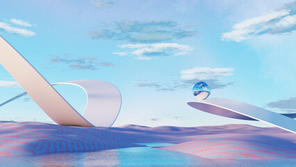 Wall Mural - 3d render, futuristic surreal landscape with floating glass sphere on sleek curved platforms over pa