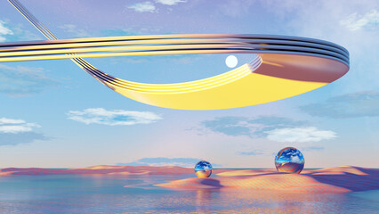 Wall Mural - 3d render, futuristic surreal landscape with reflective glass spheres and curved golden structure ov