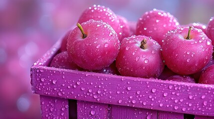 Sticker - Fresh pink plums in a pink wooden crate with water droplets.