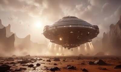 Wall Mural - A spaceship lands on Venus' surface amidst thick fog and mist , alien world, cloudy atmosphere, steam