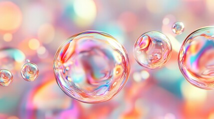Wall Mural - dreamy iridescent soap bubbles captured in a colorful, soft focus background for creative and abstra