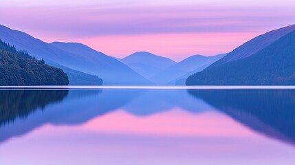 Poster - Peaceful Mountain Lake at Sunrise with Soft Pink and Purple Hues Reflecting in the Still Water