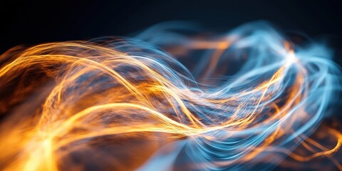 Wall Mural - dynamic flow of electric blue and fiery orange light waves in a smooth motion on a dark background f