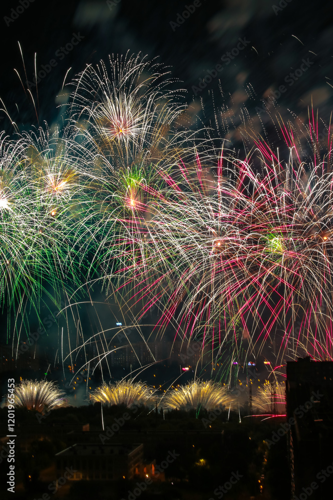Pyrofest Festival of fireworks. Pyrotechnics festival. Pyrofest. Salute. Stock ...