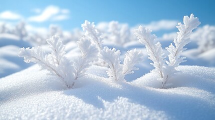 Poster - Frosty plants emerge from pristine snowdrift under a bright winter sky.