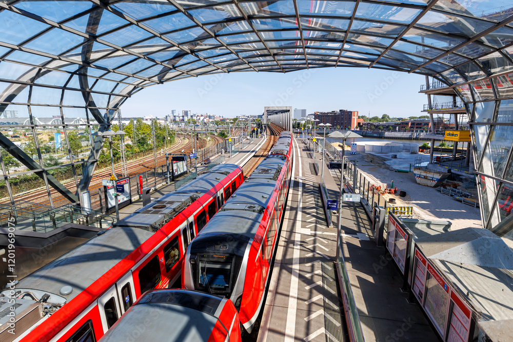S-Bahn train of Deutsche Bahn railway station Elbbrücken public ...