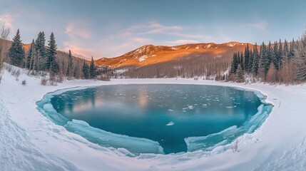 Sticker - Frozen lake in snowy mountain landscape at sunset.