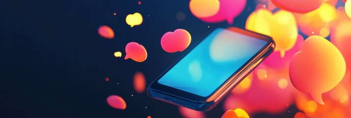 Leinwandbilder - Bright chat bubbles flow from a smartphone showcasing digital communication and modern interaction in a vibrant setting. Generative AI