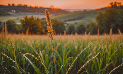 Poster - A tall stalk of grass is in the foreground of a field. The field is full of tall grass and the sun is setting in the background