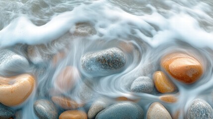 Leinwandbilder - Close up view of colorful beach pebbles as gentle waves wash over them at a serene coastal location. Generative AI