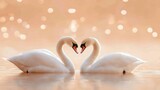 Two swans forming a heart with their necks on a tranquil lake, surrounded by soft pink and gold lighting, symbolizing eternal love