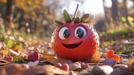 Poster - Cute cartoon strawberry with big eyes sits amidst autumn leaves and small hearts.