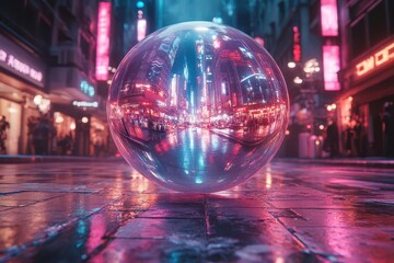 Wall Mural - a futuristic cityscape reflected in a giant chrome sphere floating above neon-lit streets, cyberpunk style with dramatic lighting