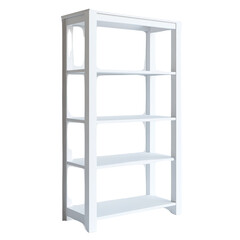Poster - The image shows a tall, empty, white wooden bookshelf with four shelves against a white wall.