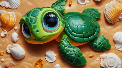 Poster - Cute cartoon turtle on a sandy beach with seashells.