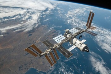 Wall Mural - A spacecraft orbiting the Earth connected to a network of ground-based stations and satellites, planetary defense systems, space technology, satellite imaging