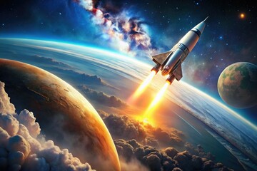 Wall Mural - A spaceship breaks through the atmosphere into orbit around a distant planet, intergalactic travel, space exploration, orbital insertion, celestial body
