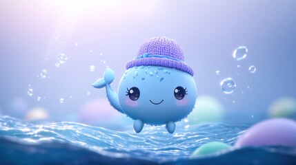 Poster - Cute cartoon whale in a purple hat floating on water with bubbles.