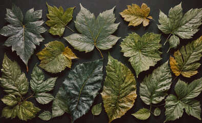 Poster - A collection of leaves with some of them being green and some brown. The leaves are arranged in a pattern on a black background