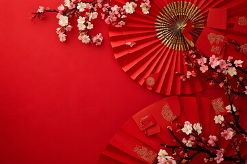 Wall Mural - Chinese New Year celebration concept with red envelopes, paper fans, cherry blossoms on red background