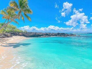 An asymmetrical tropical beach with coconut palms leaning over one side and rugged volcanic rocks contrasting against vibrant blue water