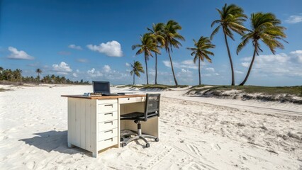 Wall Mural - A clutter-free desk situated on a sandy beach with palm trees and a clear blue summer sky, empty, light, landscape