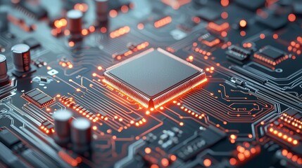 Wall Mural - circuit board, components, functional close-up of a circuit board with glowing components and a cent