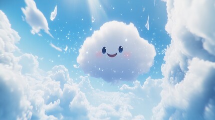 Poster - Cute cloud character in a vibrant blue sky with white puffy clouds.