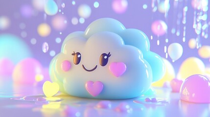 Poster - Cute cloud character, pastel colors, rain, hearts, and bubbles.