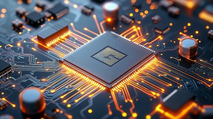 Wall Mural - circuit board, components, functional close-up of a computer processor with glowing circuits and int
